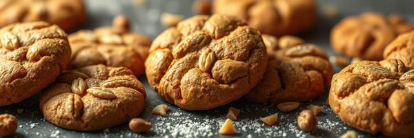 Freshly baked peanut cookies on a dark surface with scattered nuts and sugar, ready for enjoyment photo