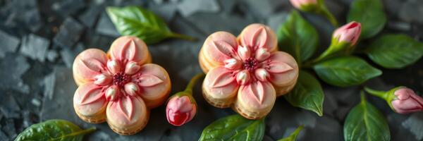 Beautiful flower-shaped desserts displayed on a dark surface with delicate leaves and buds photo