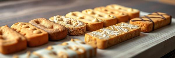 Assorted cookies displayed on a wooden platter in a cozy setting during the afternoon photo