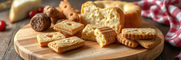 Assortment of snacks on wooden board with cookies, crackers, and cheese displayed near checkered cloth photo