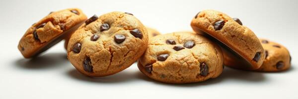 Freshly baked chocolate chip cookies arranged on a plain background ready for enjoyment photo