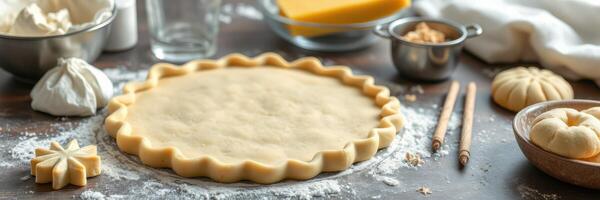 Preparing dough for a festive pie in a cozy kitchen during autumn season with various baking tools and ingredients around photo