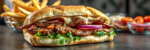 Delicious sandwich with grilled meat, fresh toppings, and fries served in a casual dining setting photo