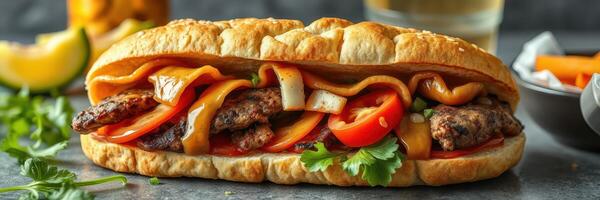 Delicious sandwich loaded with grilled meat, fresh vegetables, and savory sauces served on a toasted bun for lunch photo