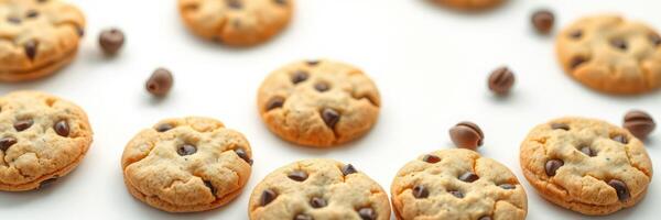Freshly baked chocolate chip cookies arranged on a white background ready for enjoyment photo
