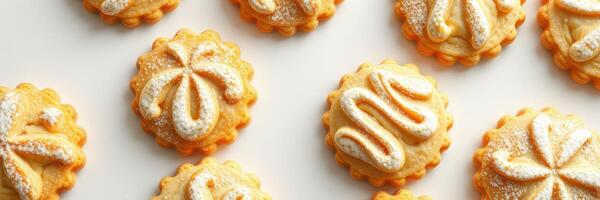 Delicious butter cookies decorated with intricate patterns on a light background photo