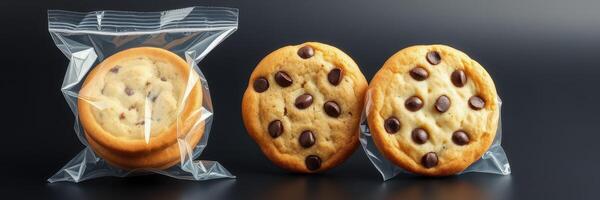 Delicious cookies in clear packaging with chocolate chips displayed on a dark background photo