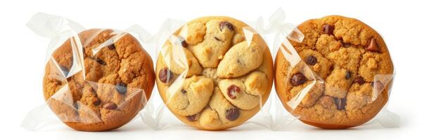 Assorted cookies packaged for sale featuring chocolate chip and oatmeal raisin varieties photo