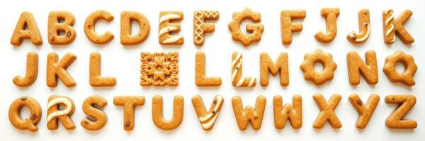 Unique and decorative alphabet cookies arranged in a creative pattern on a white background photo