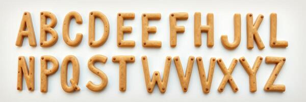 Alphabet cookies arranged in a neat row for educational and playful purposes in a bright kitchen setting photo