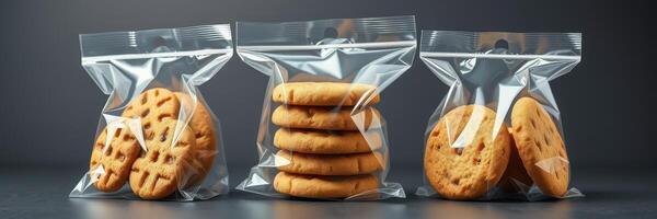Cookies in transparent bags ready for sale or gift at a bakery or market event photo