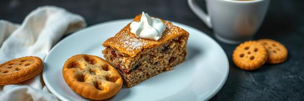 Delicious dessert plate featuring cake and cookies with coffee on a dark table photo