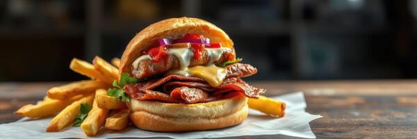 Delicious burger with layers of meat and cheese served with crispy fries on a wooden table photo