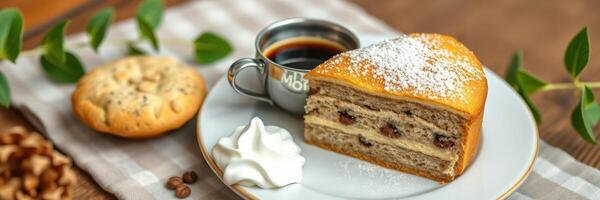 Delicious pastry and coffee served on a wooden table with greenery in warm lighting photo
