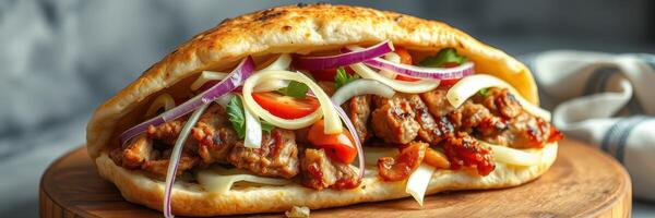 Savory grilled meat wrapped in warm flatbread with fresh vegetables and herbs at a cozy outdoor setting photo