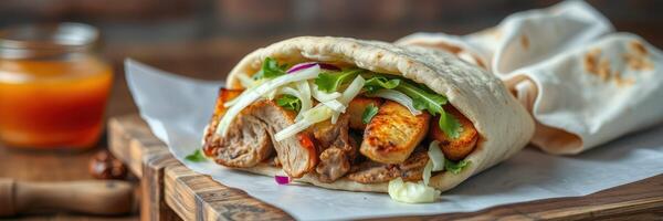 Freshly made wrap filled with grilled chicken and vegetables enjoyed in a warm, rustic setting photo