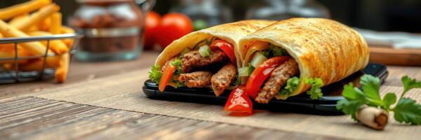 Delicious wrap filled with grilled meat, fresh vegetables, and spices served in a rustic setting photo