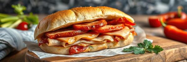 Delicious sandwich filled with turkey, tomatoes, and seasoning on a wooden board ready to enjoy photo
