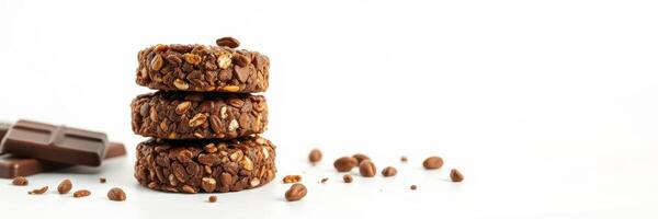 Delicious chocolate oat cookies stacked with chocolate chunks on a clean surface photo