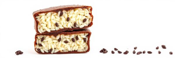 Unique chocolate treat with a rice filling displayed on a white surface photo