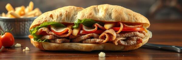 Delicious sandwich filled with sliced meat, fresh vegetables, and served with crispy fries in a cozy cafe setting photo