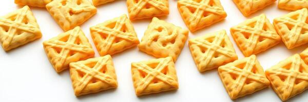 Cheddar-flavored baked snacks arranged on a plain surface for a tasty snack option or party platter photo