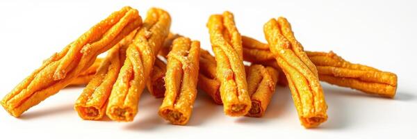 Savory snack sticks arranged neatly on a white background inviting a taste experience photo
