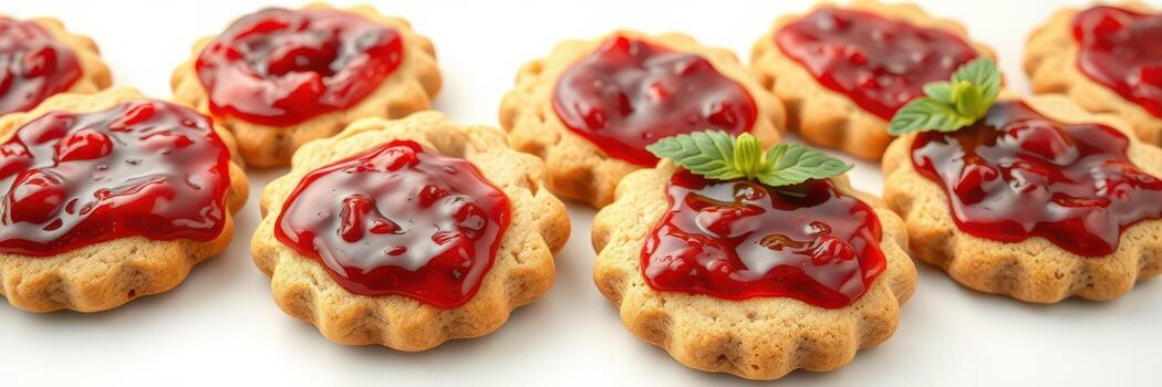 Freshly baked cookies topped with vibrant raspberry jam arranged on a white background for a delightful dessert presentation photo