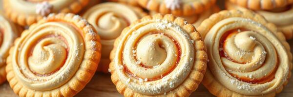 Sweet pastry dessert featuring swirl designs, freshly baked and dusted with sugar photo