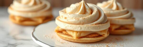 Delicious creamy dessert swirls presented on a decorative plate in a cozy kitchen setting photo