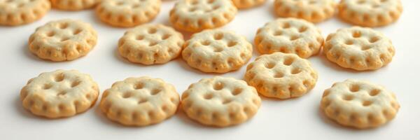 Crunchy snack arranged neatly on a white surface, creating a visually appealing pattern of round shapes and textures photo