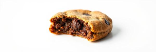 Soft chocolate chip cookie with a bite taken out, showcasing its gooey texture and rich color photo