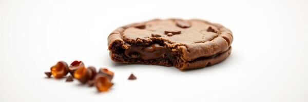 Chocolate cookie with a bite taken out and chocolate chunks scattered nearby on a light background photo