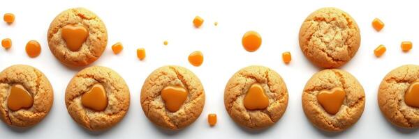 Delicious homemade caramel cookies arranged neatly on a white background with sweet toppings photo