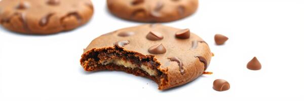 Chocolate cookie with bite taken out, showcasing filling and chocolate chips on a white background photo