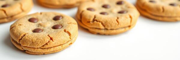 Freshly baked chocolate chip cookies arranged on a clean surface ready to be enjoyed photo