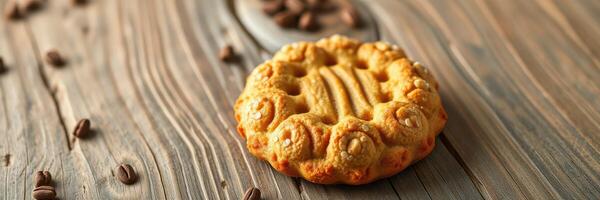 recién horneado Galleta metido en rústico de madera mesa con café frijoles dispersado alrededor foto