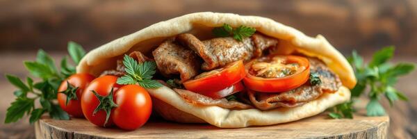 Delicious pita filled with grilled meat and fresh vegetables on a rustic wooden table photo