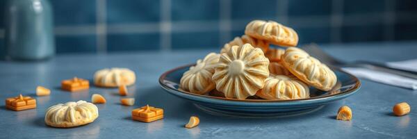 Beautifully arranged plate of freshly baked cookies served on a rustic table setting photo