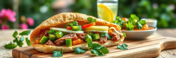Delicious sandwich loaded with grilled meat and fresh vegetables served with a refreshing drink outdoors photo