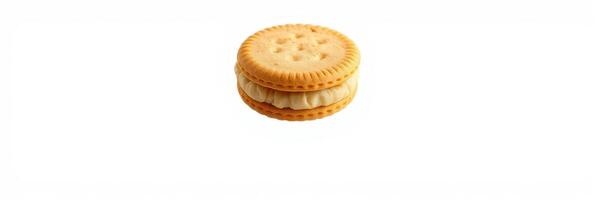 Delicious cream-filled cookie resting on a clean white surface ready to be enjoyed photo