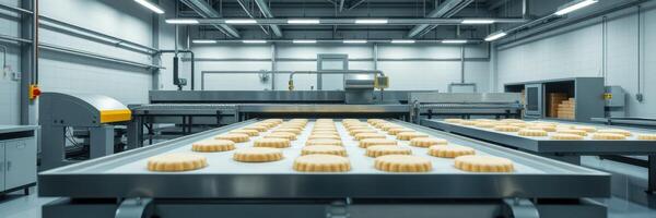 Modern bakery facility with rows of dough ready for baking in an industrial environment during daylight hours photo