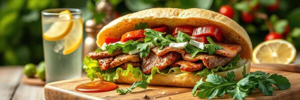 Delicious sandwich filled with grilled meat and fresh vegetables displayed on a wooden board photo