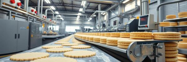 Biscuit production in a modern factory showcasing automated machinery and a continuous assembly line photo