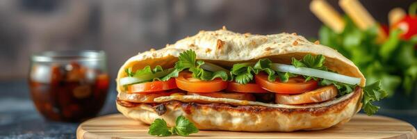 Delicious flatbread sandwich filled with fresh vegetables and grilled chicken served in a cozy restaurant setting photo