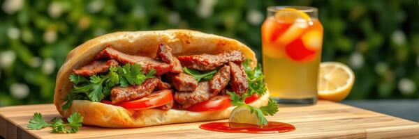 Delicious grilled meat sandwich served with refreshing beverage in a vibrant outdoor setting photo