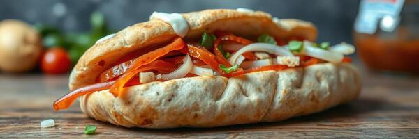 Delicious sandwich with fresh vegetables and sauce served on a wooden table photo