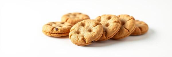 Freshly baked chocolate chip cookies arranged on a white surface ready to be enjoyed photo