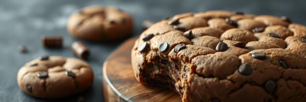 Delicious freshly baked chocolate chip cookies on a wooden plate with a rustic background in a cozy kitchen setting photo