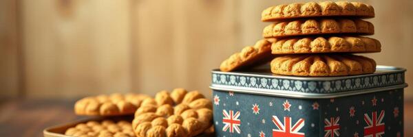 Delicious British Cookies in Decorative Tin Displayed on Wooden Table photo